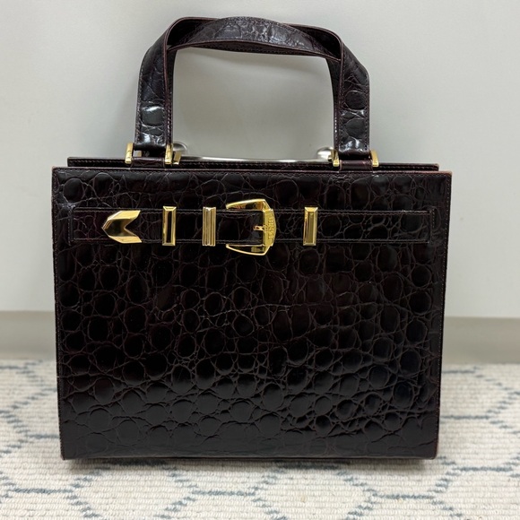 GIANNI VERSACE Vintage 90’s Brown Croc-Embossed Leather W/ Gold Buckle Handbag - Picture 2 of 16